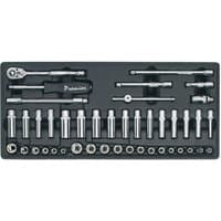 Sealey tool tray with 43-piece socket set, 1/4 inch square drive, includes ratchet, extensions, and various sockets.