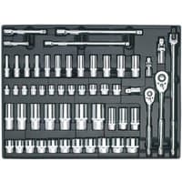 Sealey tool tray with 55pc socket set, includes ratchets, extensions, and sockets in 3/8 and 1/2 inch square drive.