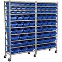 Mobile storage system with 72 blue bins on a metal frame, featuring wheels for easy mobility.