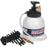 Sealey 3L transmission oil filling system with pump, pressure gauge, and multiple black nozzle attachments.