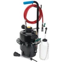 Black Sealey pneumatic brake bleeder kit with red hose, blue handle, and white fluid container.