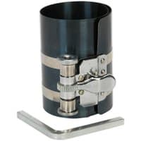 Black Sealey piston ring compressor with silver adjustment lever and included hex key.