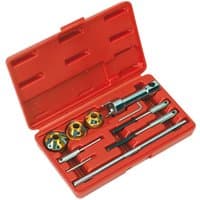 Red Sealey VS1823 valve seat cutter set with metal tools and cutters in a molded plastic case.