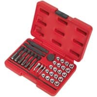 Red Sealey VS311 Glow Plug Thread Repair Set with 33 pieces, including taps, reamers, and inserts in a molded case.