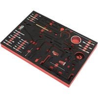 Black and red Sealey 48-piece timing tool kit with various metal tools for diesel and petrol engines in foam tray.