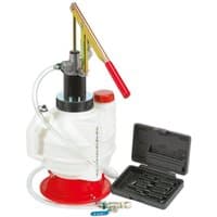 Sealey VS7009 oil filling system with white tank, red base, metal handle, and hose, includes black case with attachments.