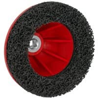 Red and black Sealey VS8001 hub cleaner with abrasive circular brush and metal attachment center