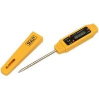 Yellow Sealey mini digital thermometer with metal probe and black digital display, includes matching protective cap.