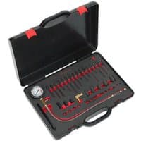 Black Sealey VSE3158 diesel compression test kit with gauge, red hoses, and various adapters in a hard plastic case.