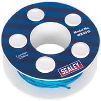 Blue and white spool of Sealey WK0515 windscreen cutting wire, 50m nylon, with Sealey logo and circular holes.