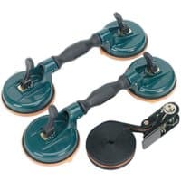 Green Sealey windscreen handling kit with two suction cup handles and a black strap with clamp.
