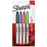 Set of four Sharpie permanent markers, fine tip, in black, blue, red, and green with silver barrels.