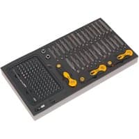 Siegen tool tray with 192 specialized bits, folding hex keys, black and yellow accents, organized in rows.