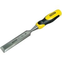 Stanley 25mm bevel edge chisel with yellow and black Dynagrip handle and polished steel blade.