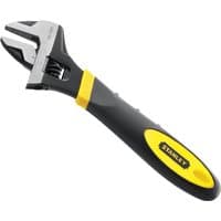 Stanley 10in adjustable wrench with black handle, yellow accents, and chrome jaws