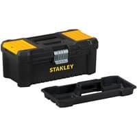 Black Stanley 12.5'' toolbox with yellow accents, metal latch, and removable tray.