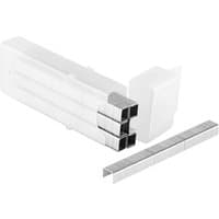 Stanley heavy-duty staples 8mm, silver metal, in a clear plastic case with three staple strips visible.