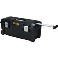 Black Stanley 28’’ toolbox with wheels, metal latches, and an extendable pull handle.