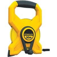 Yellow Stanley 30m tape measure with black handle and central winding mechanism.