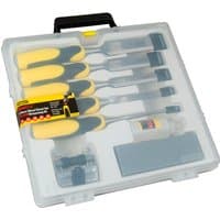 Stanley Dynagrip wood chisel set with yellow and black handles in a transparent plastic case.