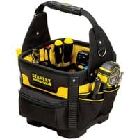 Black and yellow Stanley Fat Max tool bag with open top, multiple pockets, and sturdy handle.
