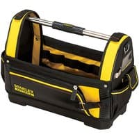 Black and yellow Stanley FatMax 18” open tote with metal handle and multiple pockets for tool storage.