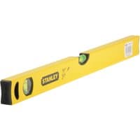 Yellow Stanley 600mm box level with black end caps and two green bubble vials for precise leveling.