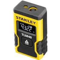 Yellow and black Stanley TLM40 laser measurer with digital display and rubber grip.