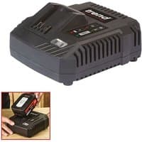 Black Trend T18S 18V charger with LED indicators and cooling vents, compact design for 230V power supply.