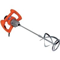 Orange Vitrex MIX1400 power mixer drill with dual handles and a long silver mixing paddle attachment.