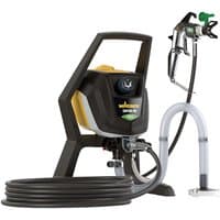 Black and yellow Wagner Control Pro 250 R airless paint sprayer with hose and metal spray gun.
