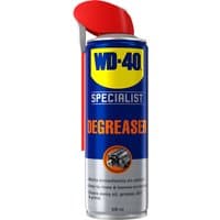 WD-40 Specialist Fast Acting Degreaser 500ml, blue can with yellow logo, red cap, and attached spray nozzle.