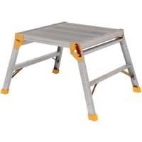 Werner 312898 Odd Job 600 wide work platform, silver with yellow accents, foldable legs, and ribbed surface.