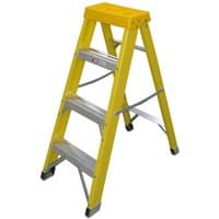 Yellow Zarges 1.15m fibreglass swingback step ladder with three aluminum steps and black non-slip feet.