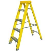 Yellow Zarges 2.45m fibreglass swingback step ladder with four steps and rubber feet.