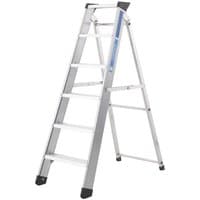 Zarges 2.4m Class 1 Industrial Swingback Step Ladder, silver aluminum with five wide steps and black rubber feet.