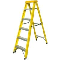 Yellow Zarges 2.7m fibreglass swingback step ladder with five aluminum steps and sturdy side rails.