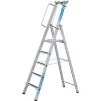 Aluminum ZARGES ladder with five steps, dual handrails, and self-assembly design.