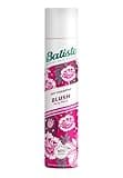 Batiste Blush dry shampoo can with pink floral design and green logo on a white background.