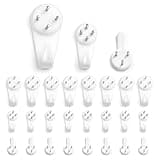 White plastic picture hanging hooks with multiple sizes and metal pins, arranged in rows.