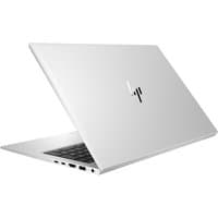 Silver HP EliteBook 850 G8 laptop, partially open, showing keyboard and ports on the side.