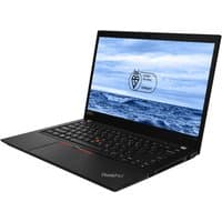 Black Lenovo ThinkPad T14 laptop, 14" screen, Intel i5 10th Gen, 16GB RAM, 256GB SSD, FHD display, red trackpoint.