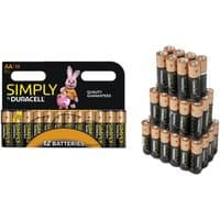 Duracell pack of 12 AAA batteries with copper tops, black bodies, and Duracell branding, next to stacked batteries.