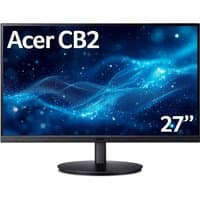 Acer CB2 Vero 27" Quad HD IPS monitor with slim bezels, black stand, displaying a blue abstract wave pattern.