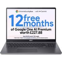 Acer Chromebook Plus 516 laptop, Intel Core i5, silver finish, open screen displaying promotional text for Google One AI Premium.