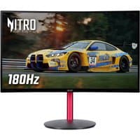 Curved Acer Nitro KG2 gaming monitor, 27" screen, black frame, red stand, displaying a racing car image.
