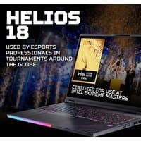 Acer Predator Helios 18 gaming notebook with RGB keyboard, large display, sleek black design, and esports branding.