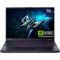 Acer Predator Helios Neo 16 laptop, black with RGB keyboard, Intel Core Ultra 7, GeForce RTX 5070 graphics.