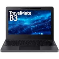 Acer TravelMate B3 laptop, black, with Intel N250, 8GB RAM, 256GB SSD, Windows 11 Pro, open showing screen and keyboard.