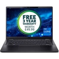 Acer TravelMate P6 laptop, 14" screen, slim bezel, black design, Intel Core i7, Windows 11 Pro, promotional sticker.